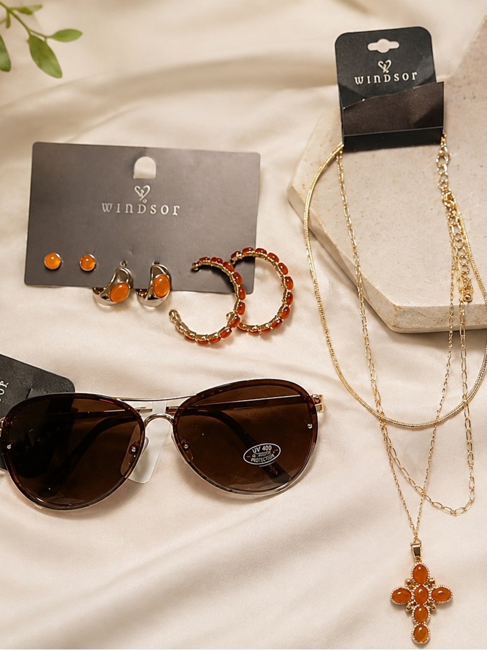 Windsor Gold-Tone Sunglasses and Jewelry Set with Orange Accents